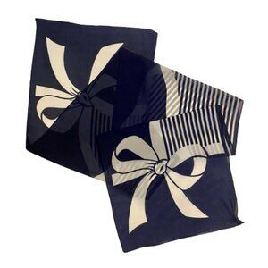 Oblong Scarf Navy White Stripes Bow Print